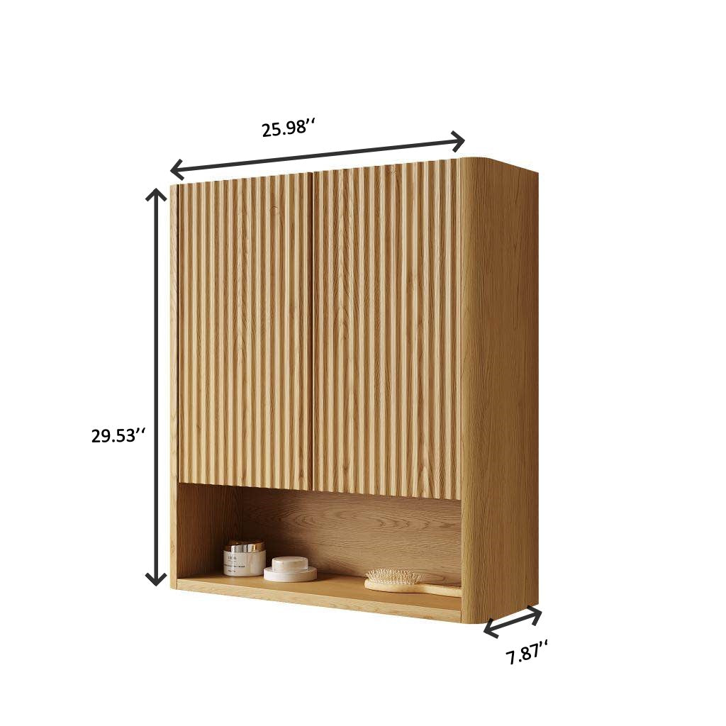 26" Wall-Mounted Bathroom Cabinet with Solid Wood Striped Doors - Natural Finish
