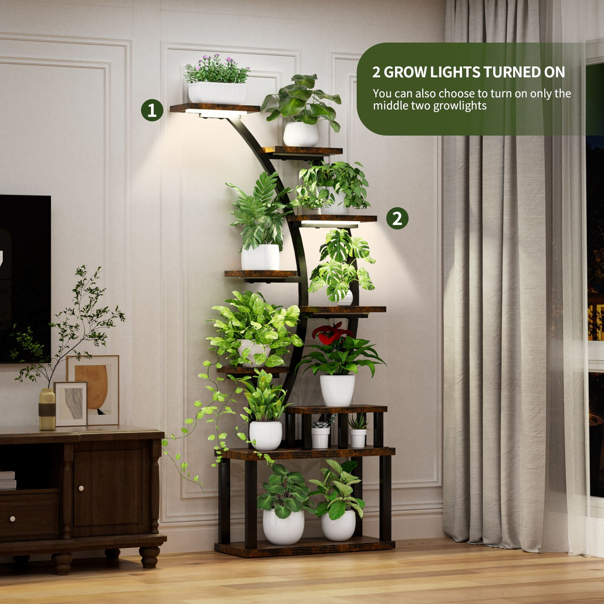 9 Tiered Indoor Plant Stand with 5 Adjustable Grow Lights - Light Brown
