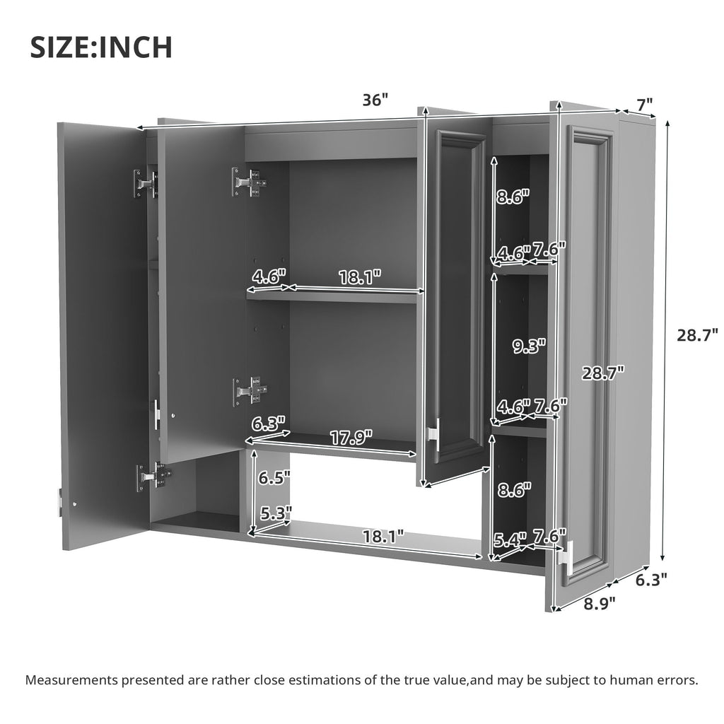 Wall Mounted Bathroom Cabinet With 5 Adjustable Shelves and Soft-Closing Hinges - Gray or Black