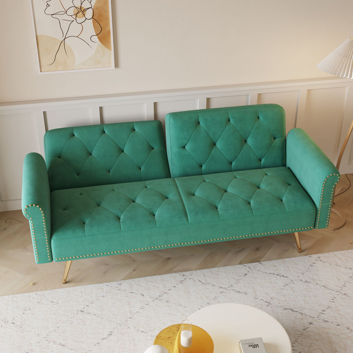 Velvet Sofa Bed with Nail Head Trim and Matching Pillow - Multiple Colors