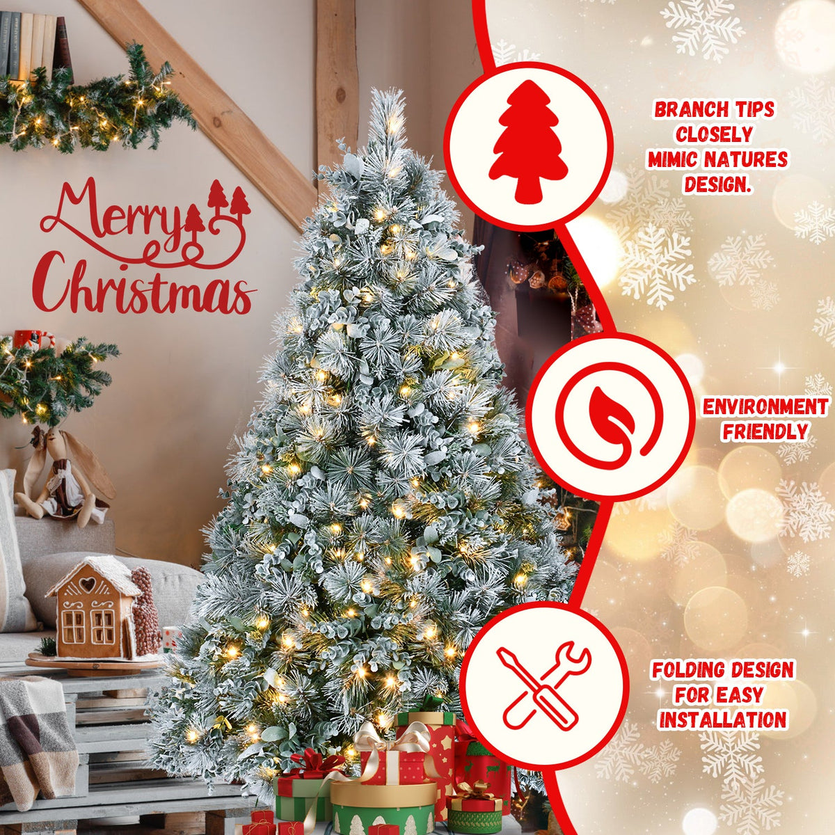 4FT Prelit Flocked Christmas Tree with Pine Needles & Eucalyptus Leaves - Flocked