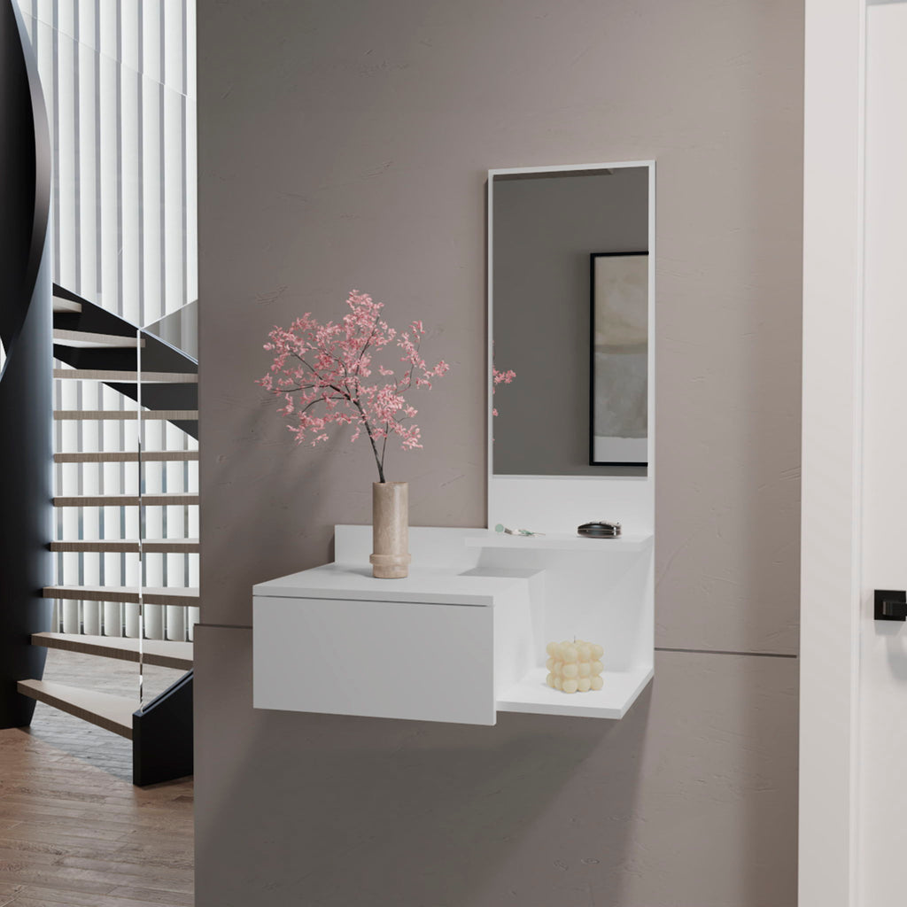 Lowell Floating Hallway Cabinet with Mirror and Storage - White or Black