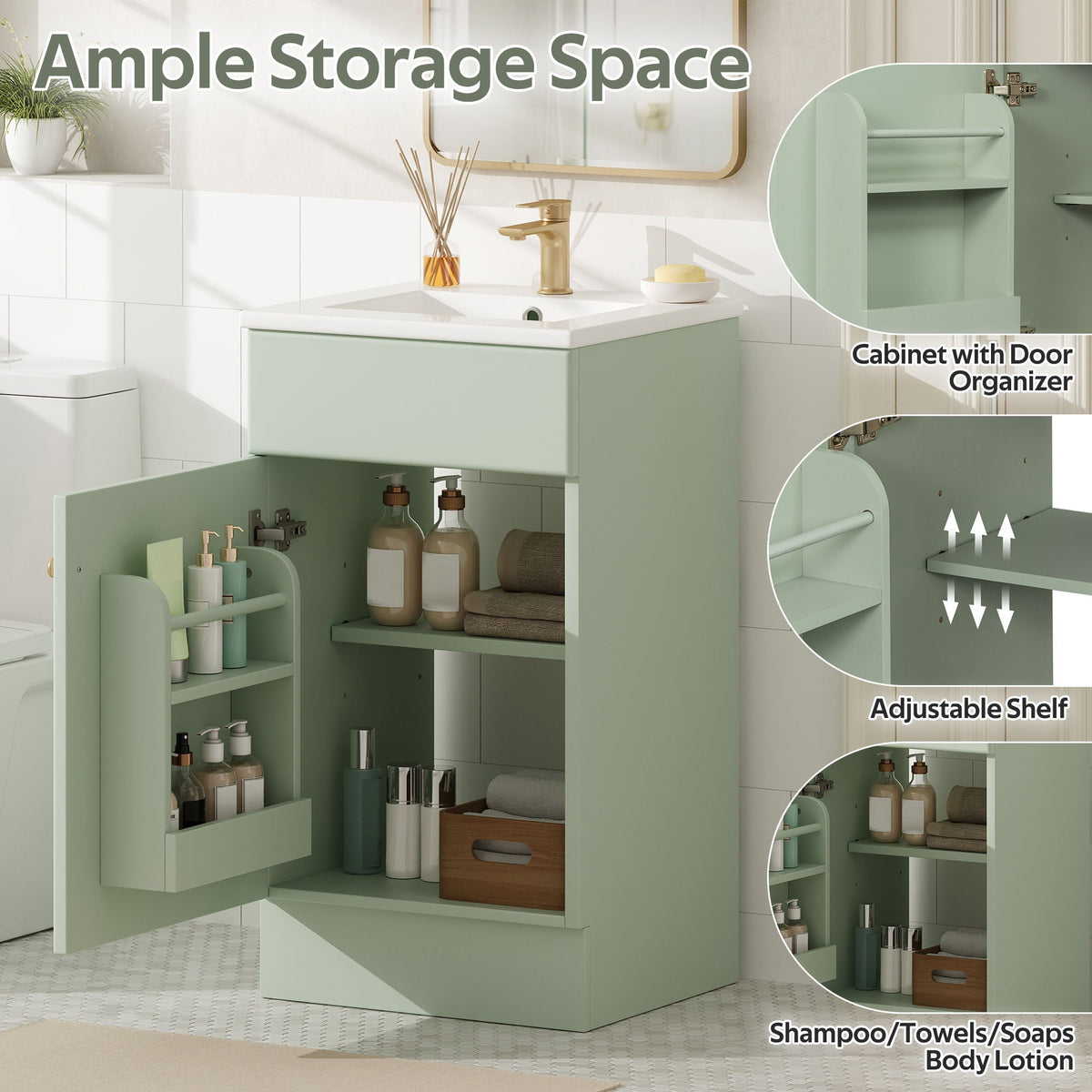 Bathroom Vanity with Sink and Adjustable Shelf - Multiple Colors