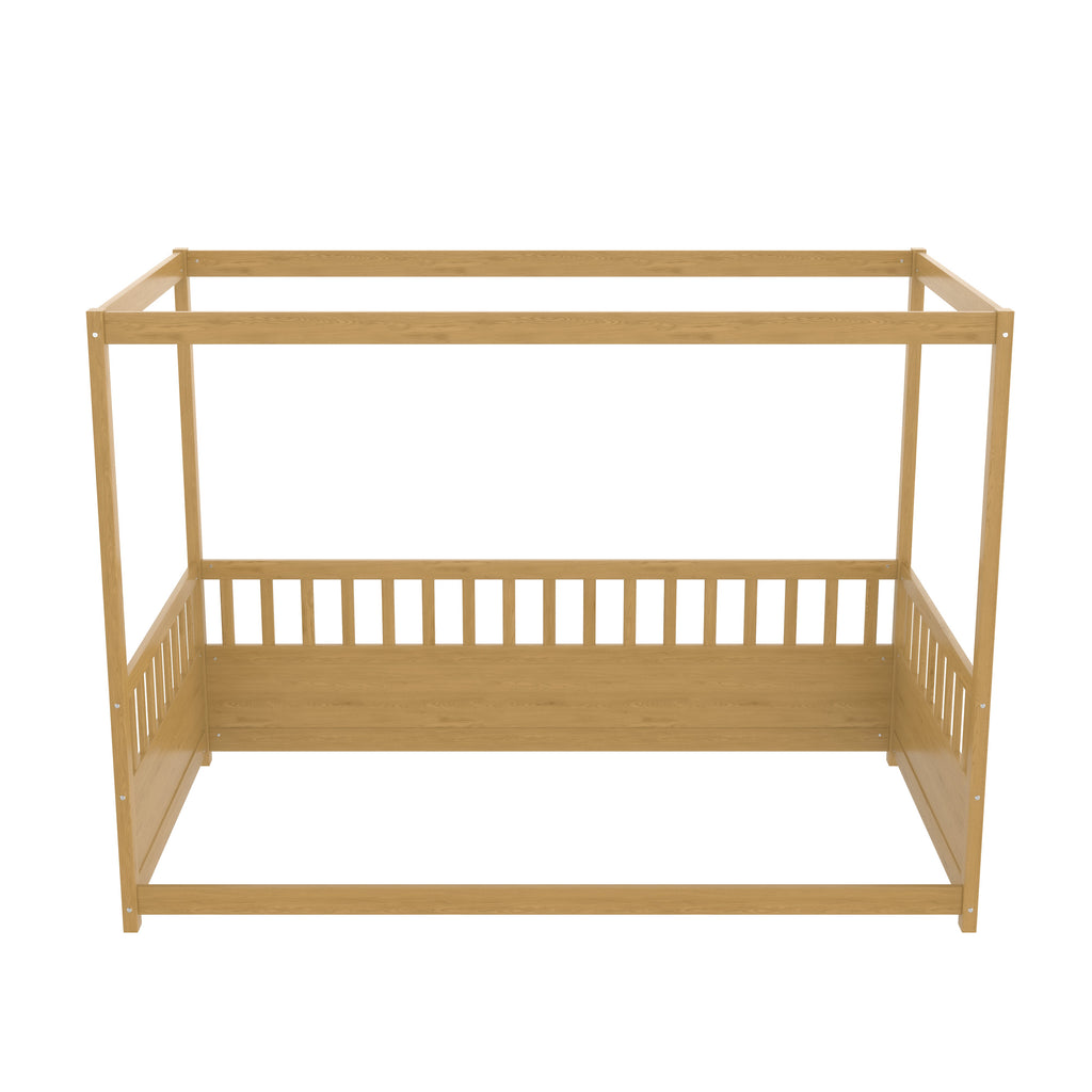 Twin Size Canopy Bed Frame with Guardrails - Natural Wood