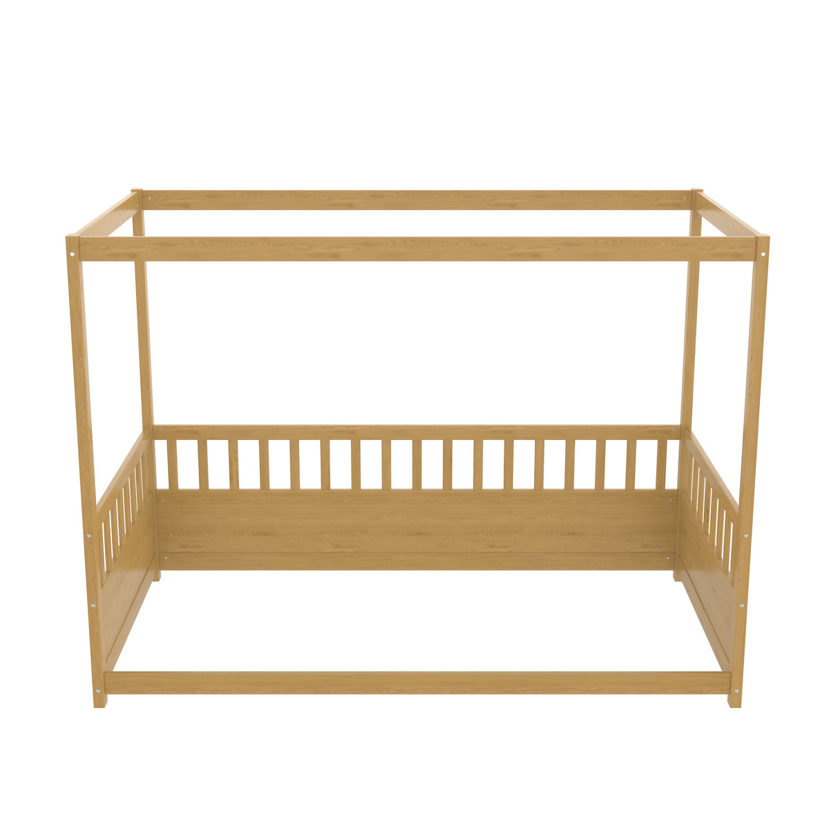 Twin Size Canopy Bed Frame with Guardrails - Natural Wood