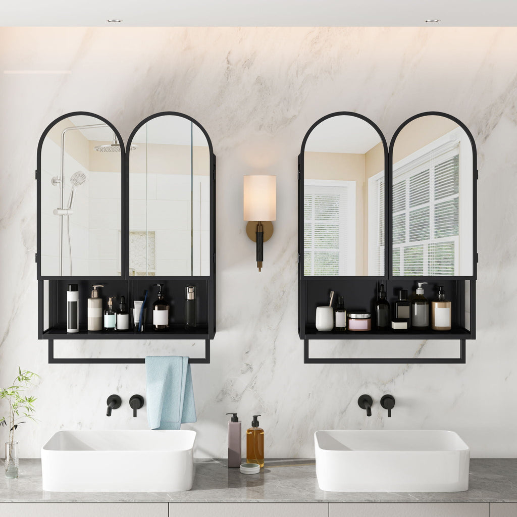 Double Arched Mirror Wall Cabinet with Adjustable Shelves and Towel Rack - Black or White