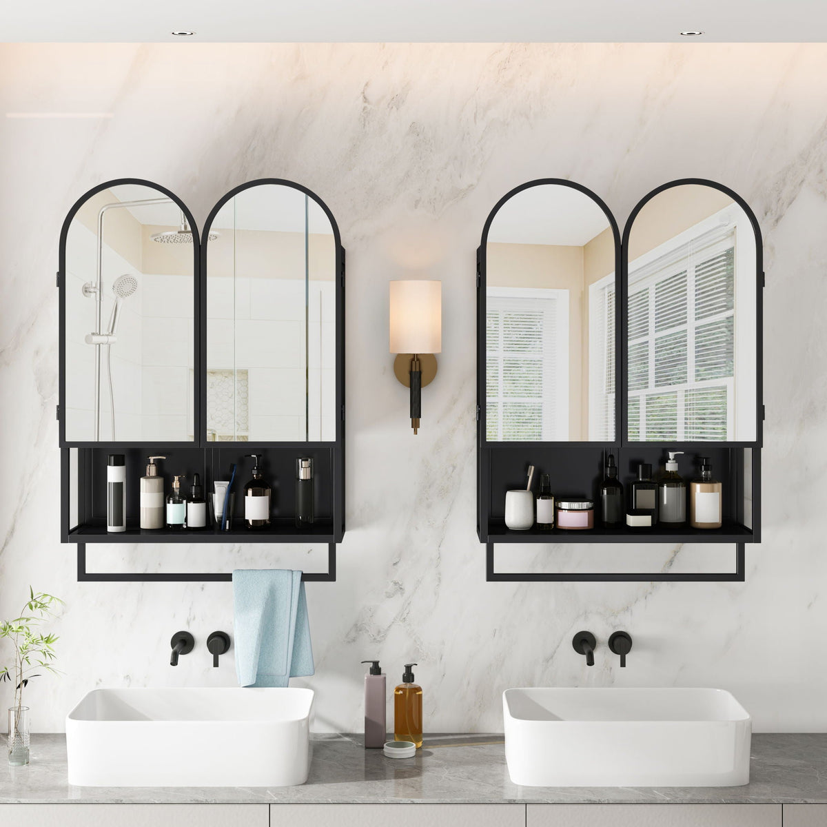 Double Arched Mirror Wall Cabinet with Adjustable Shelves and Towel Rack - Black or White