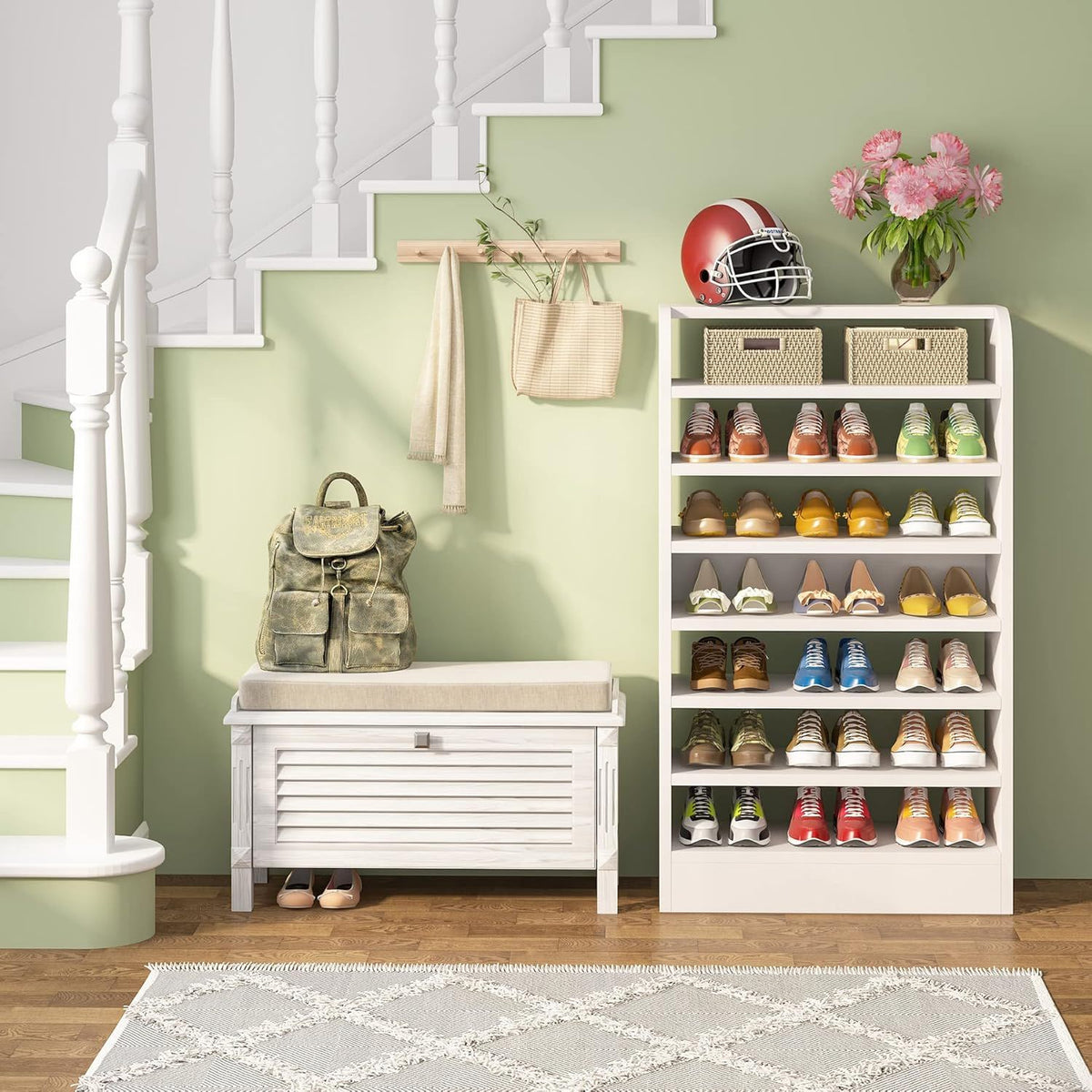 8 Tier Tall Shoe Rack with Ventilated Design - White