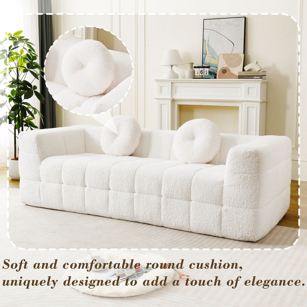 Beige 3 Seater Sofa with Circular Throw Pillows - Lychee-Textured Polyester