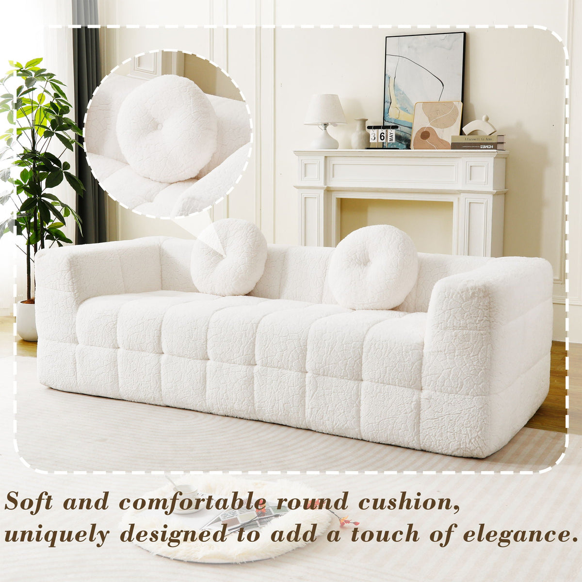 Beige 3 Seater Sofa with Circular Throw Pillows - Lychee-Textured Polyester