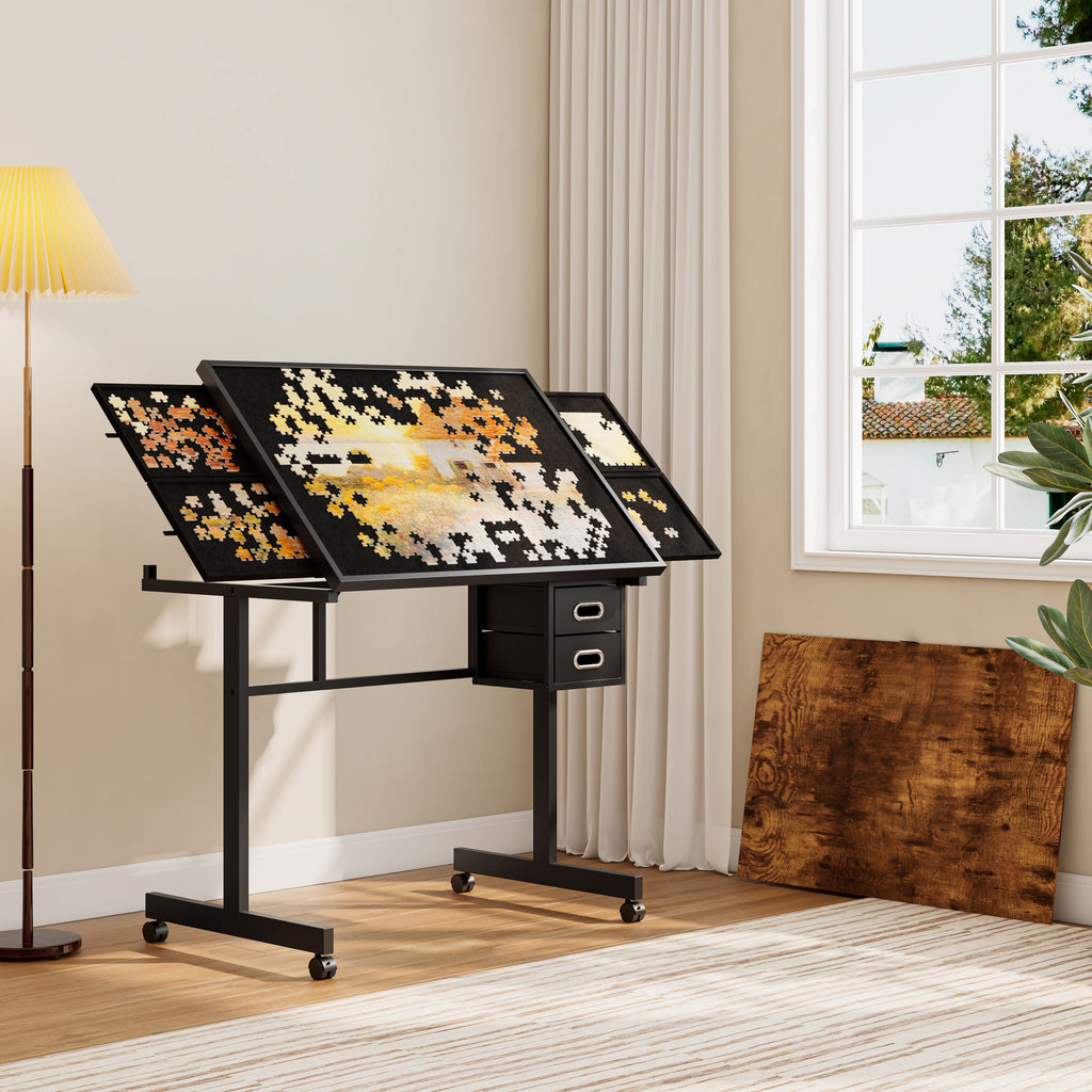 Jigsaw Puzzle Table with Storage and Drawers - Black Metal & MDF