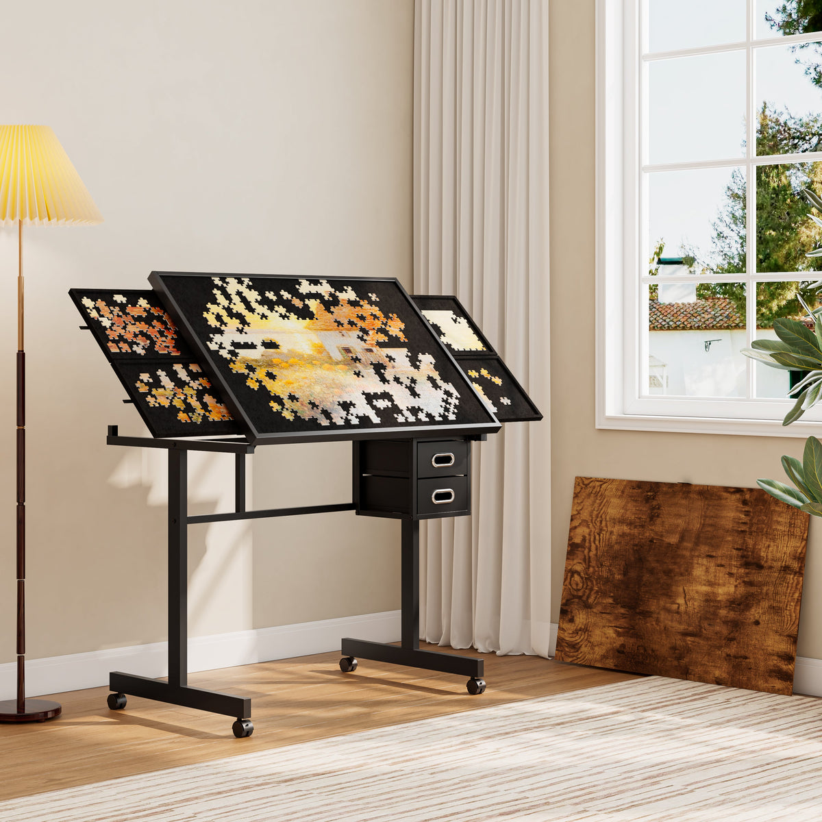 Jigsaw Puzzle Table with Storage and Drawers - Black Metal & MDF
