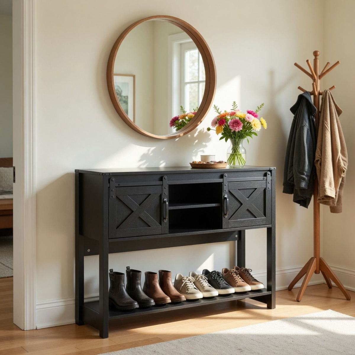 Farmhouse Entryway Table with Sliding Barn Door - Gray, Dark Gray, White, Black