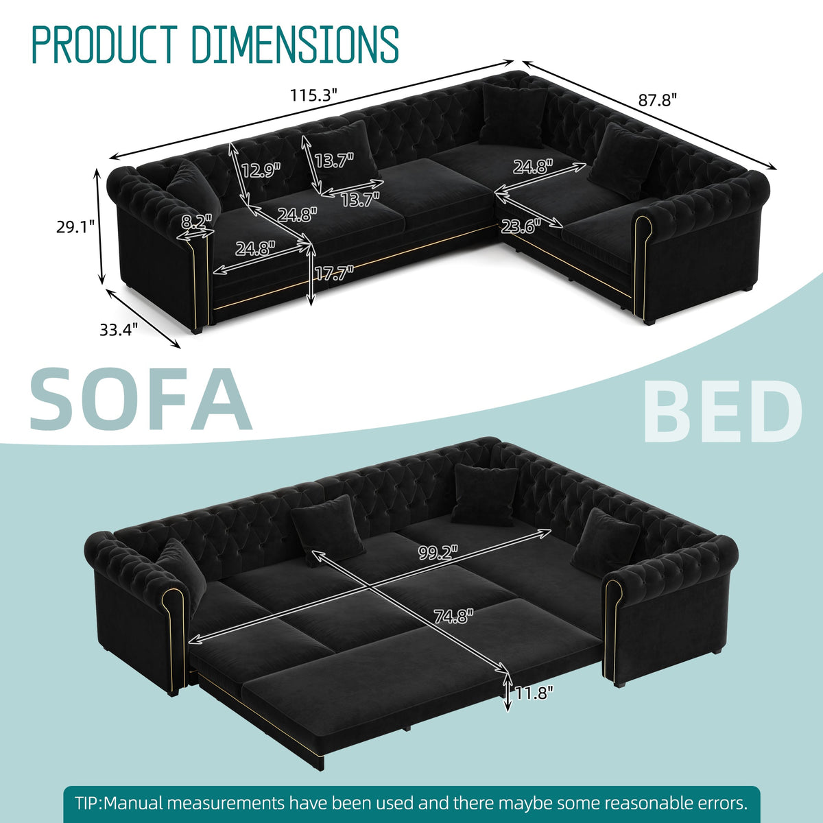 L-Shaped Sofa Couch with Pull-Out Bed - Black Velvet