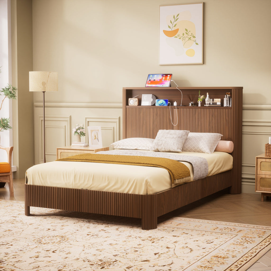 Full Extra Long Bed Frame with Storage Headboard and Built-in Charging Station - Walnut or Natural