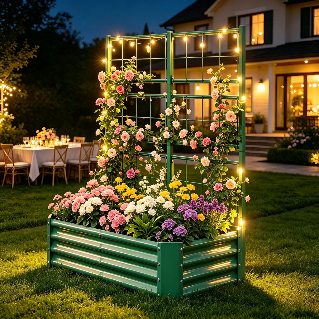 Galvanized Raised Garden Bed with Arch Trellis – Green