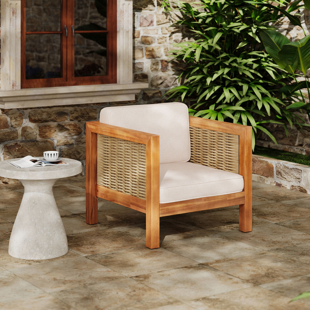 Outdoor Club Chair with Rope Arm and Cushions - Beige Teak