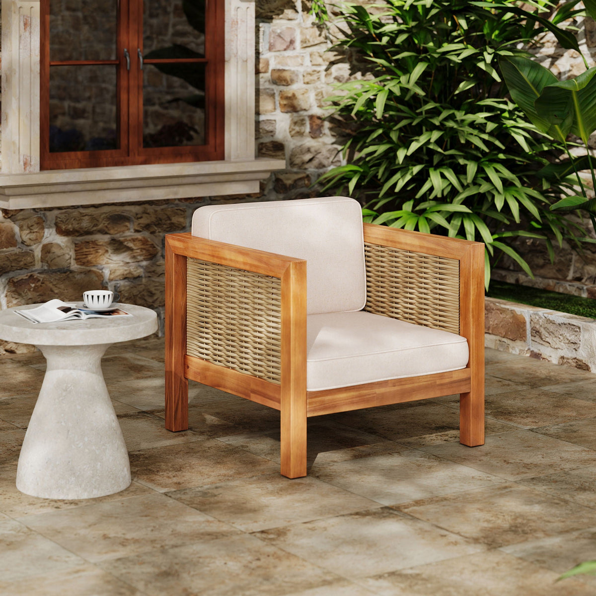 Outdoor Club Chair with Rope Arm and Cushions - Beige Teak