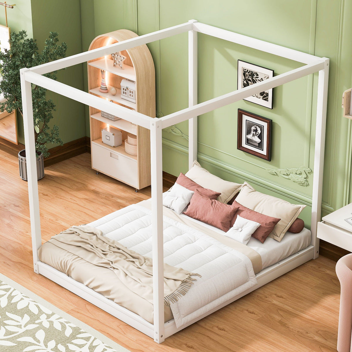Wood Canopy Platform Bed with Airflow Slats and Support Legs - White or Light Brown