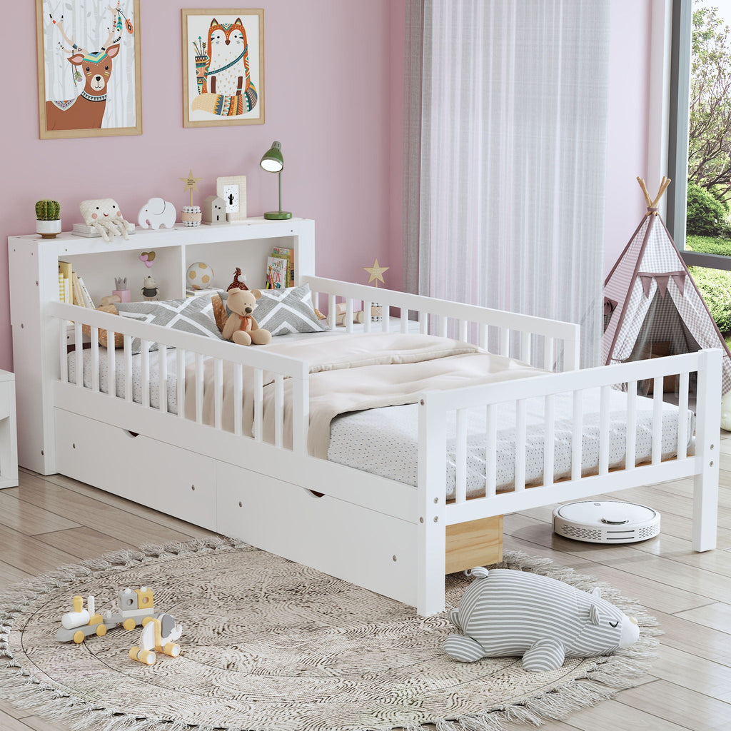 Twin Storage Bed with Headboard Rack & Under-Bed Drawers - Multiple Colors