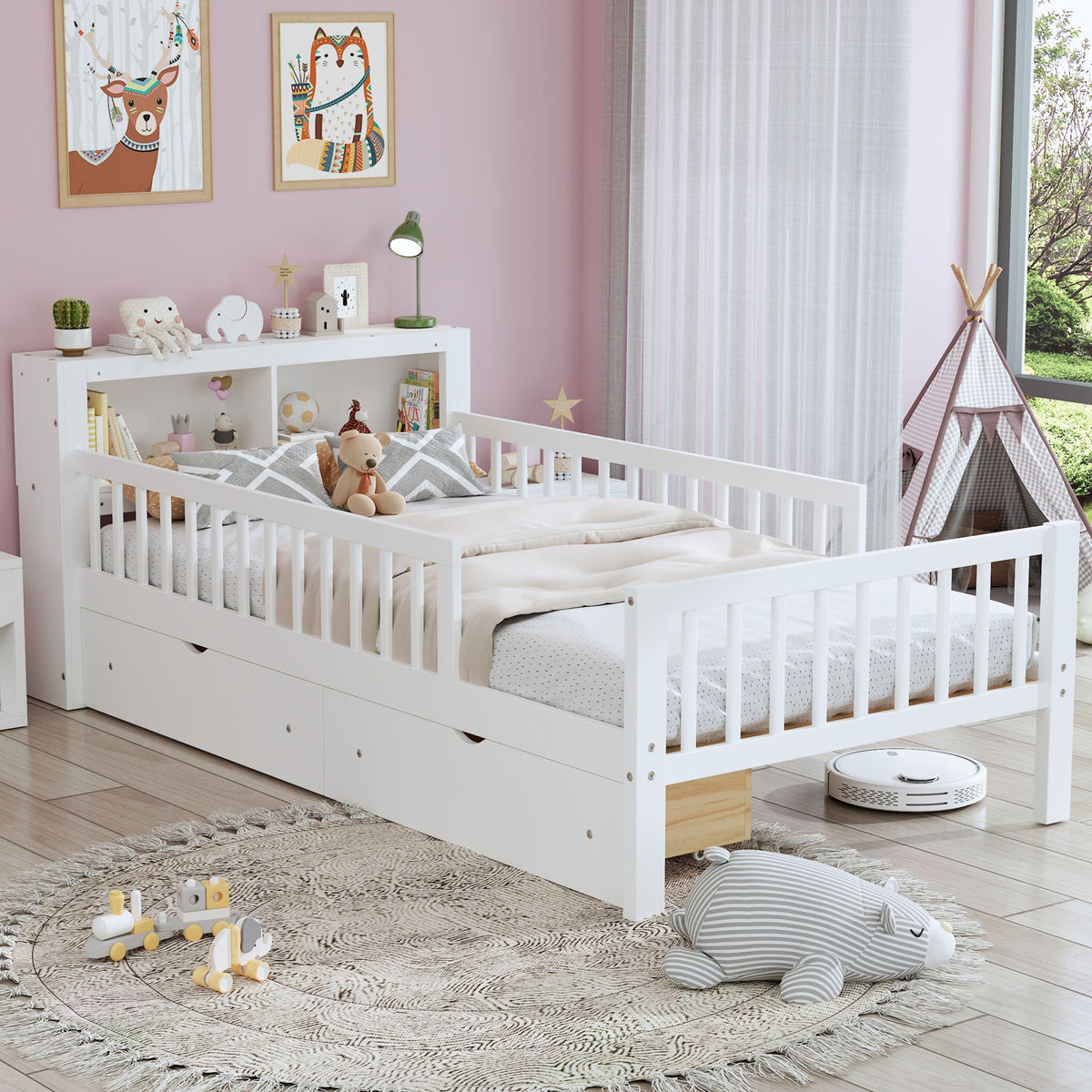 Twin Storage Bed with Headboard Rack & Under-Bed Drawers - Multiple Colors