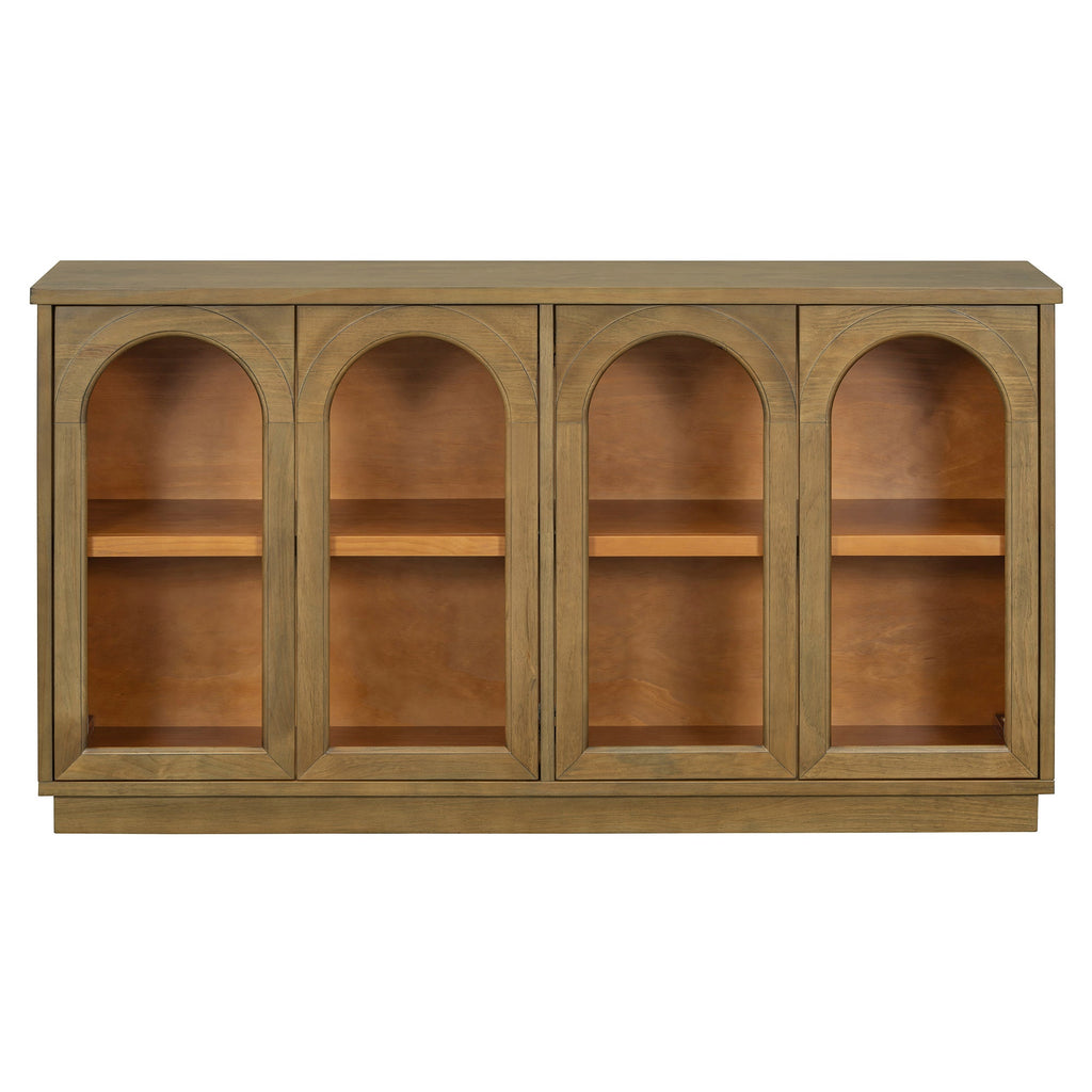 Large Storage Buffet Cabinet with Glass Doors - 4-Door Server, MDF & Pine Wood