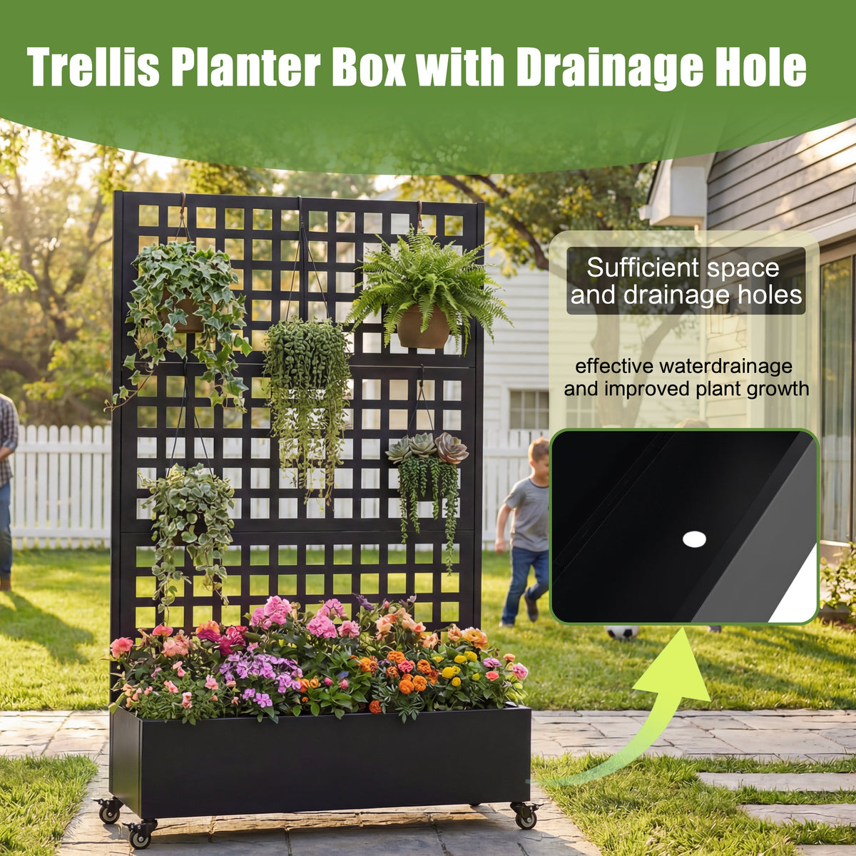 Metal Raised Garden Bed with Wheels and Trellis - Black