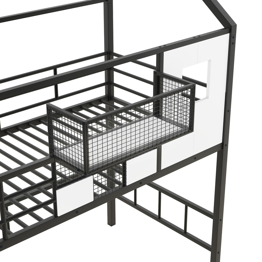 Metal Loft Bed With Roof Design and Storage Box with Guardrails and Integrated Ladder - Twin