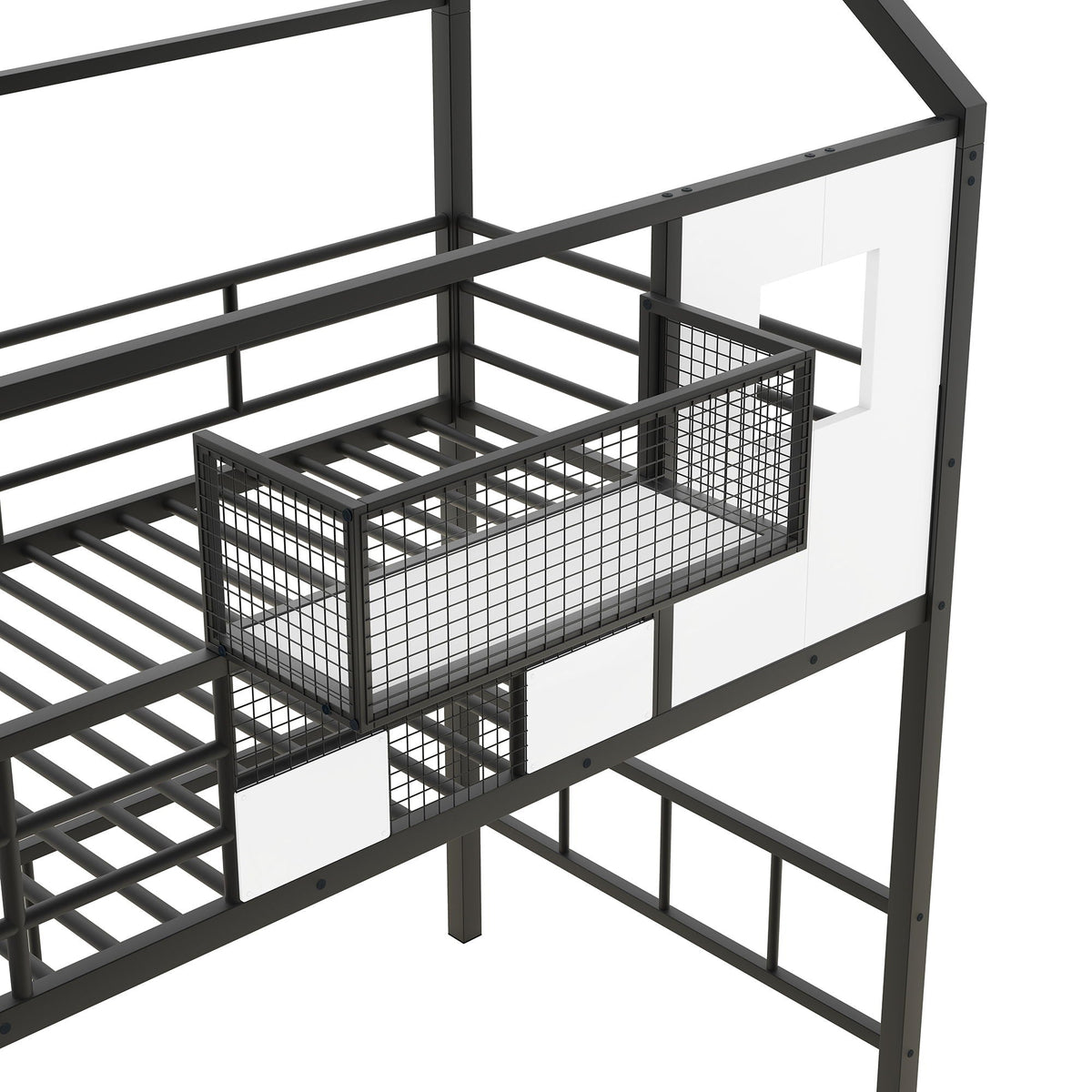 Metal Loft Bed With Roof Design and Storage Box with Guardrails and Integrated Ladder - Twin