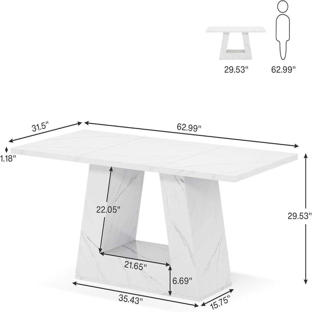 White Dining Table for 4–6 with Trapezoid Base - Faux Marble Finish
