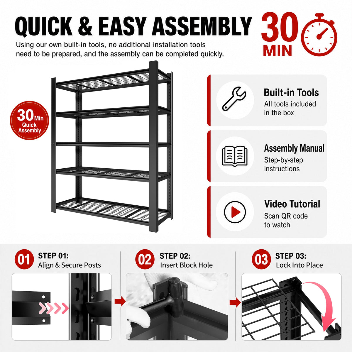 72"H 5-Tier Adjustable Heavy Duty Shelving Rack with 3000 lb Capacity - Steel