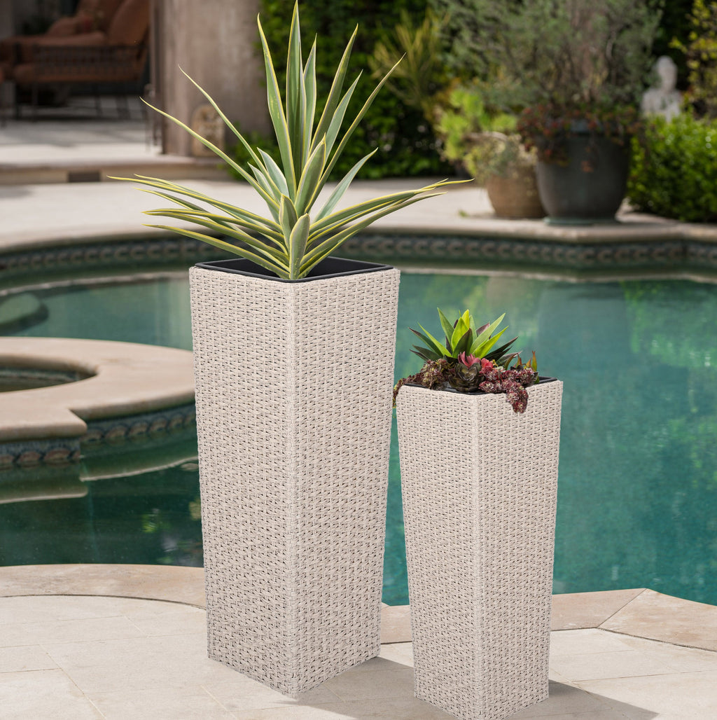 Beige PE Wicker Planters Set with Iron Frame, 2-Piece - Outdoor Flower Pots