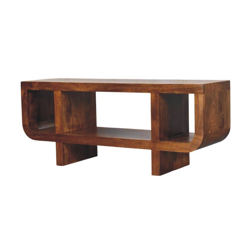 Solid Wood Orion Curved Media Unit with Open Shelves - Chestnut Finish