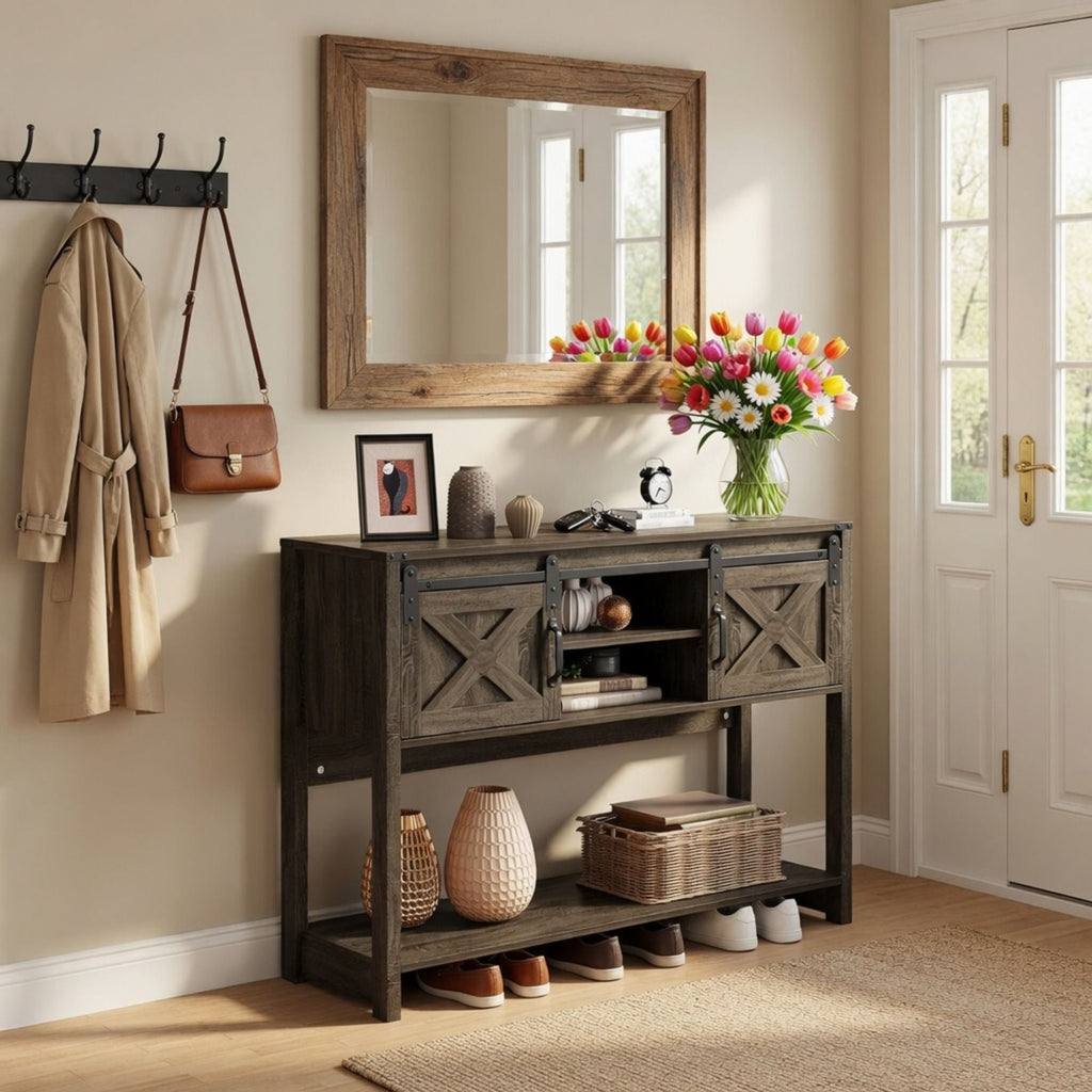 Farmhouse Entryway Table with Sliding Barn Door - Gray, Dark Gray, White, Black
