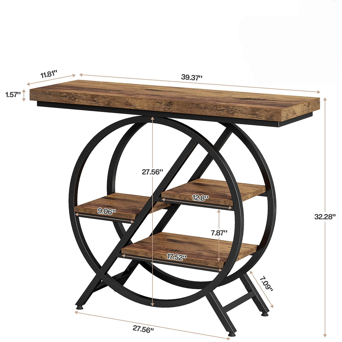 4 Tier Entryway Console Table with Geometric Circle Frame & Storage Shelves - Rustic Brown