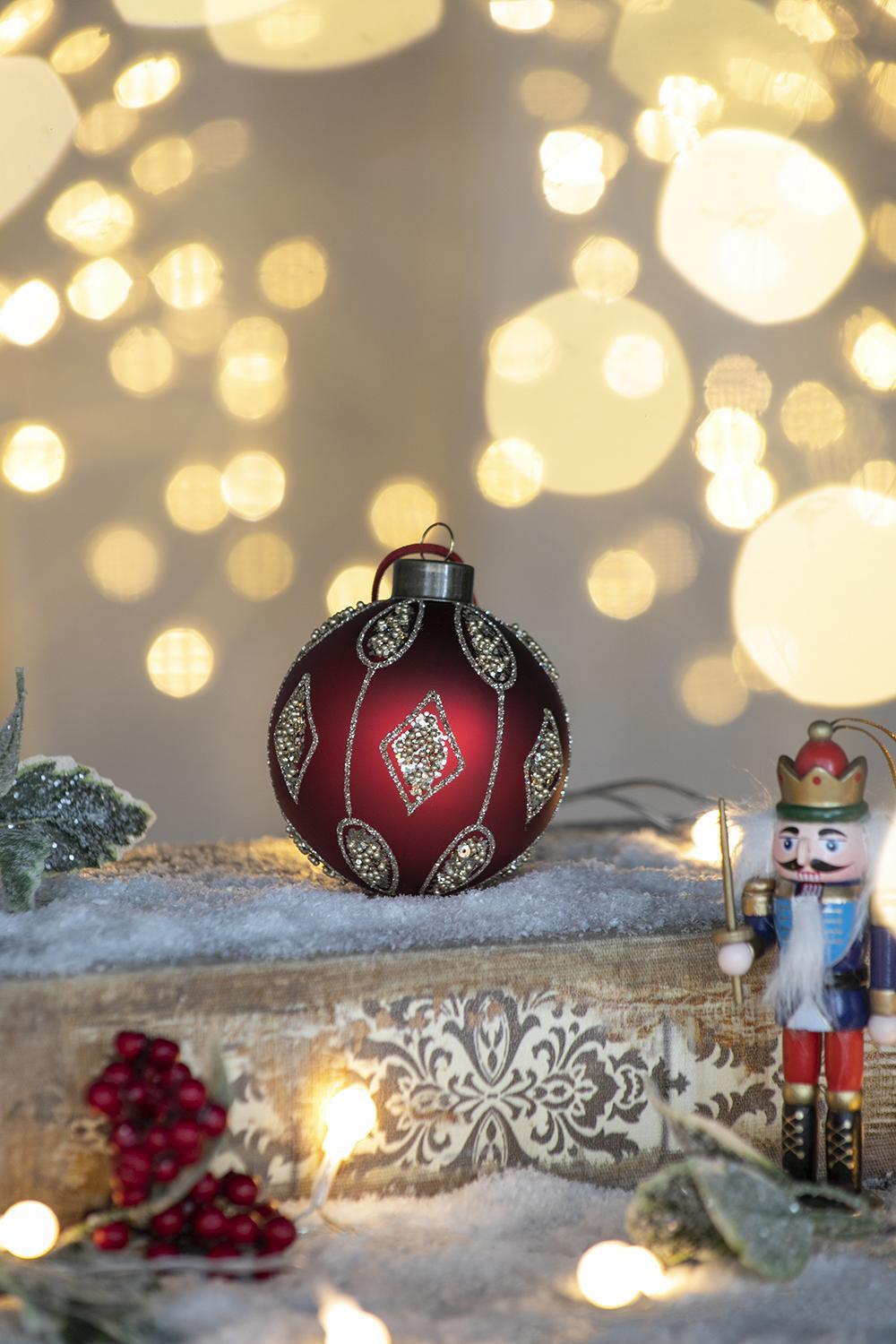Red Glass Christmas Ball Ornaments with Glitter Detail - Red