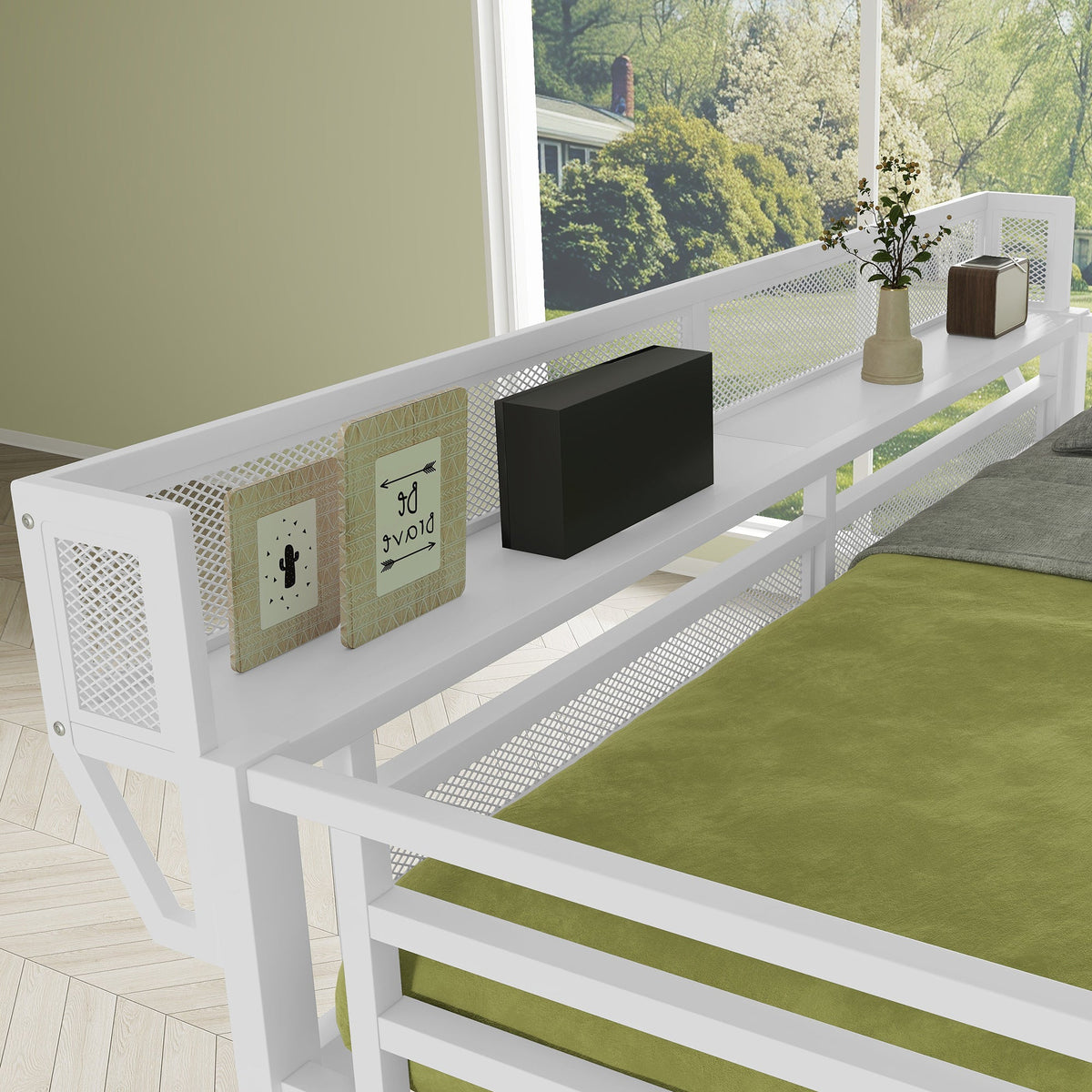 Full Size Loft Bed with Stairs and Storage Shelves - Metal, White