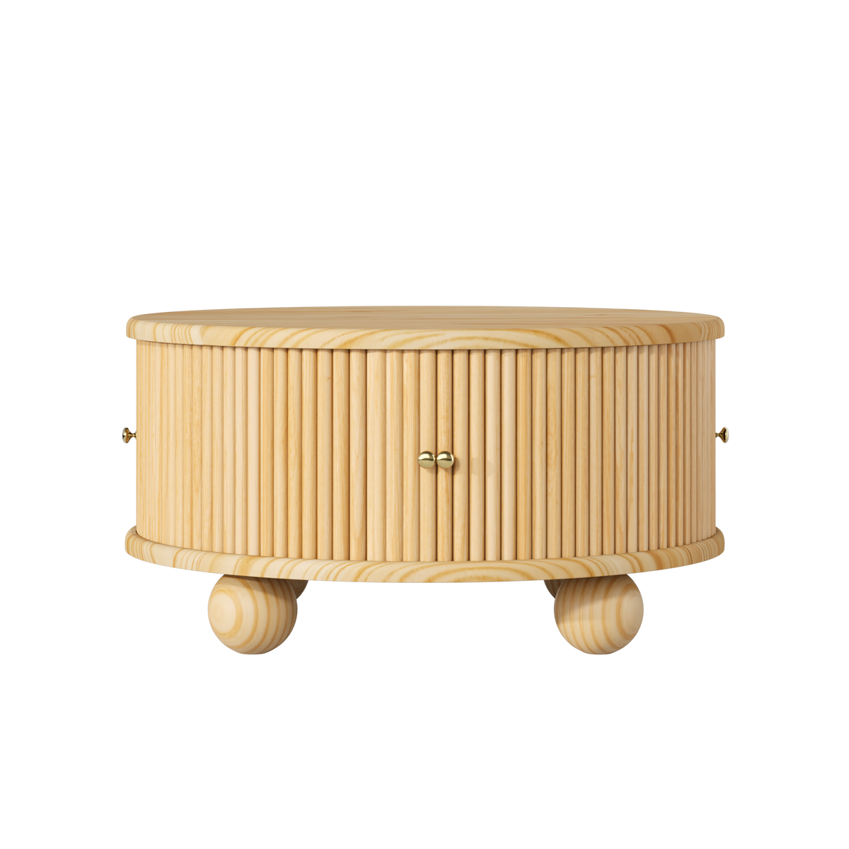 Round Fluted Coffee Table with Storage - Pine Solid Wood