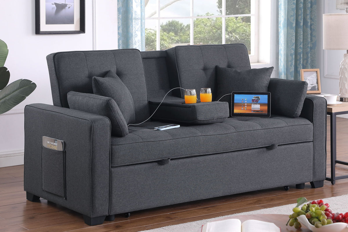 Convertible Sleeper Loveseat with Cup Holder & Charging Ports - Dark Gray