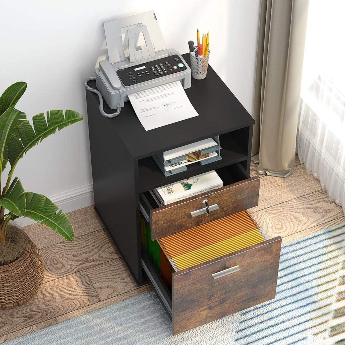 2 Drawer Mobile File Cabinet with Lock - Black/Brown