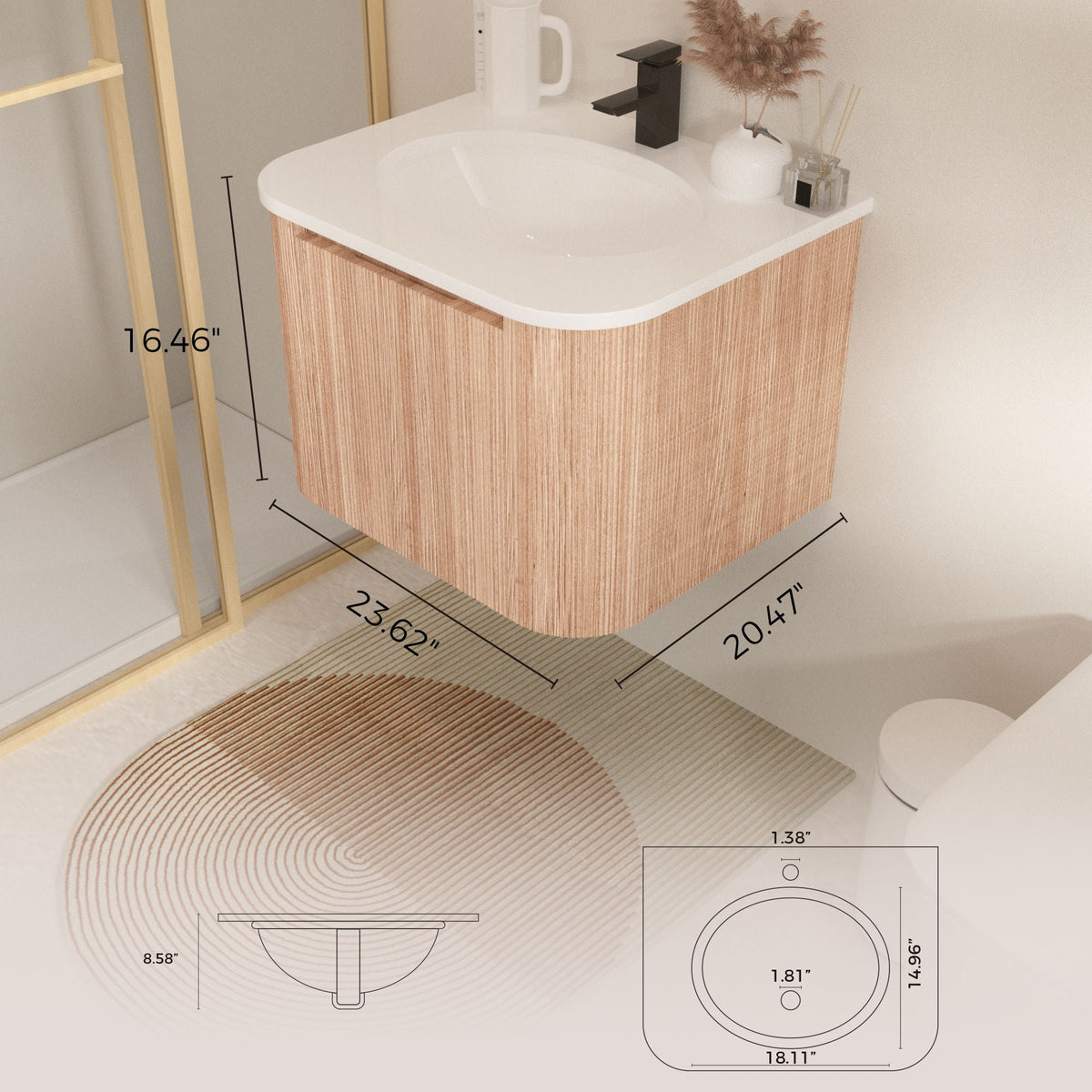 Light Brown Wall Mounted Bathroom Vanity with Sink - Curved Front