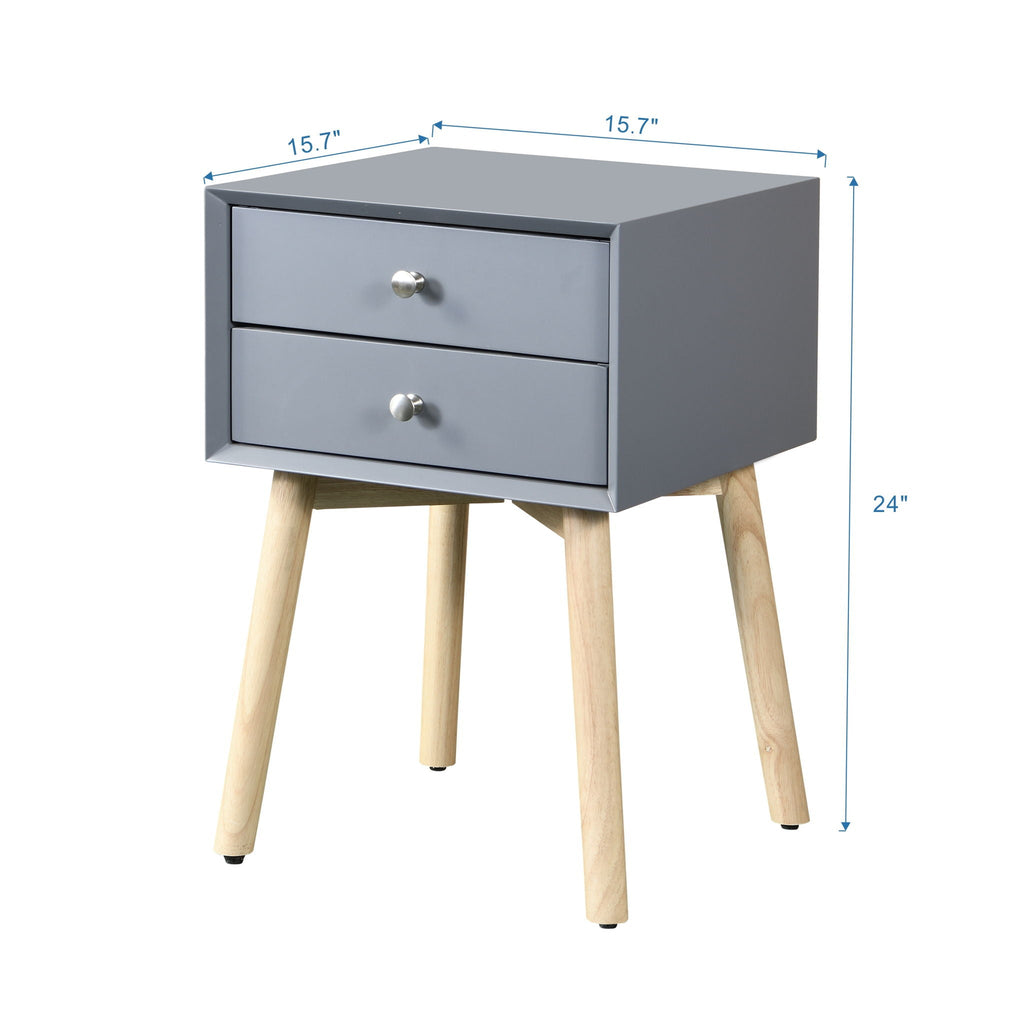 Mid-Century Modern 2-Drawer Accent Nightstand with Rubber Wood Legs – Dark Gray or Black