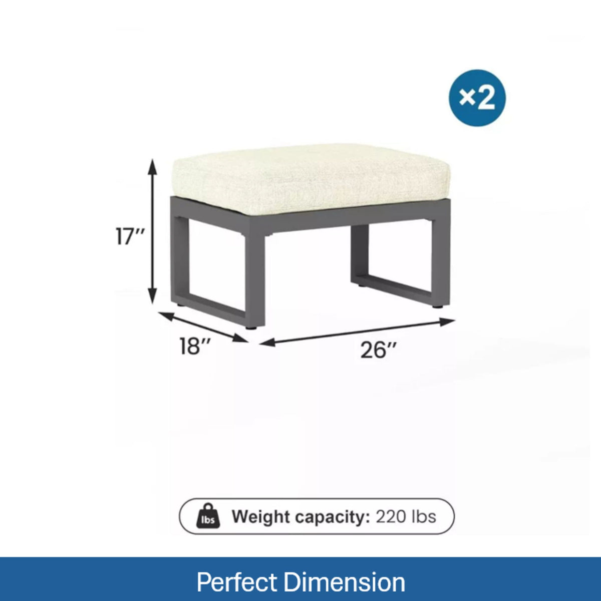 All-Weather Patio Ottomans with Thick Cushions - Beige or Dark Gray