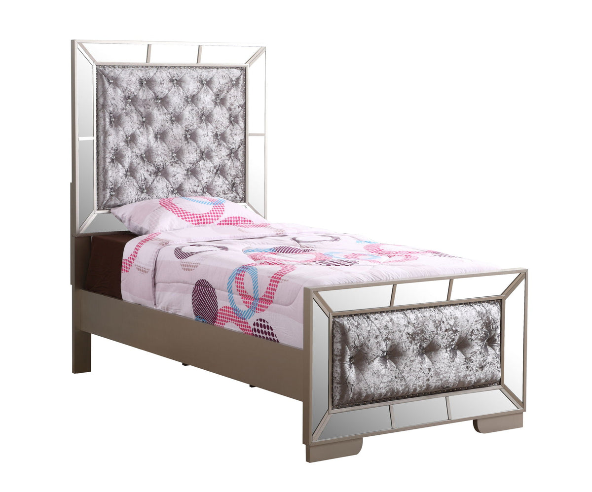 Contemporary Panel Bed with Mirrored Accents - Beige or Pearl Silver