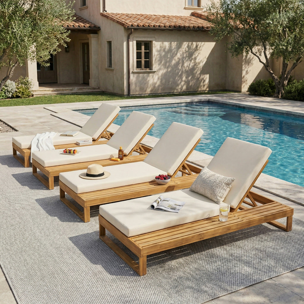 Teak Finish Acacia Wood Chaise Lounge with 4-Inch Cushion - Cream