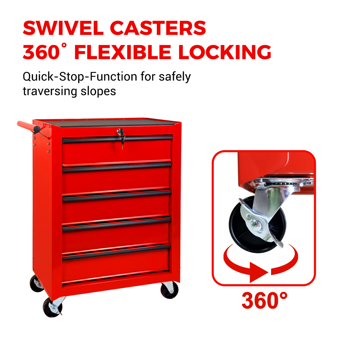 Rolling Metal Tool Chest with 5 Drawers - Red