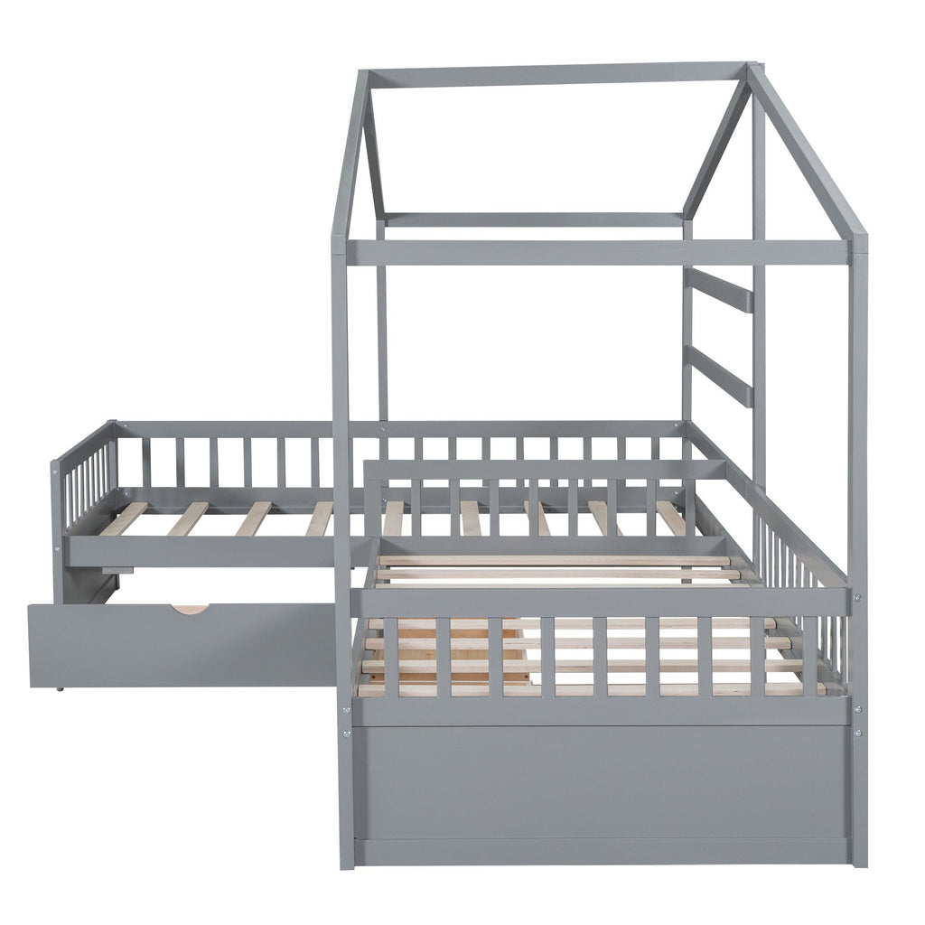 L Shape Twin Platform Bed with 3 Storage Drawers - Dark Gray or White
