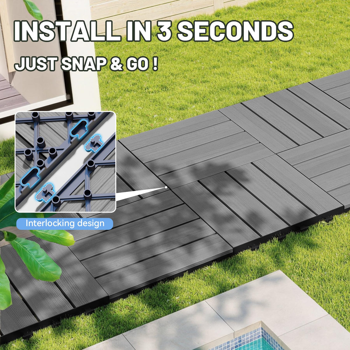 44 Pcs Interlocking Deck Tiles with All-Weather Waterproof HDPE - Dark Grey
