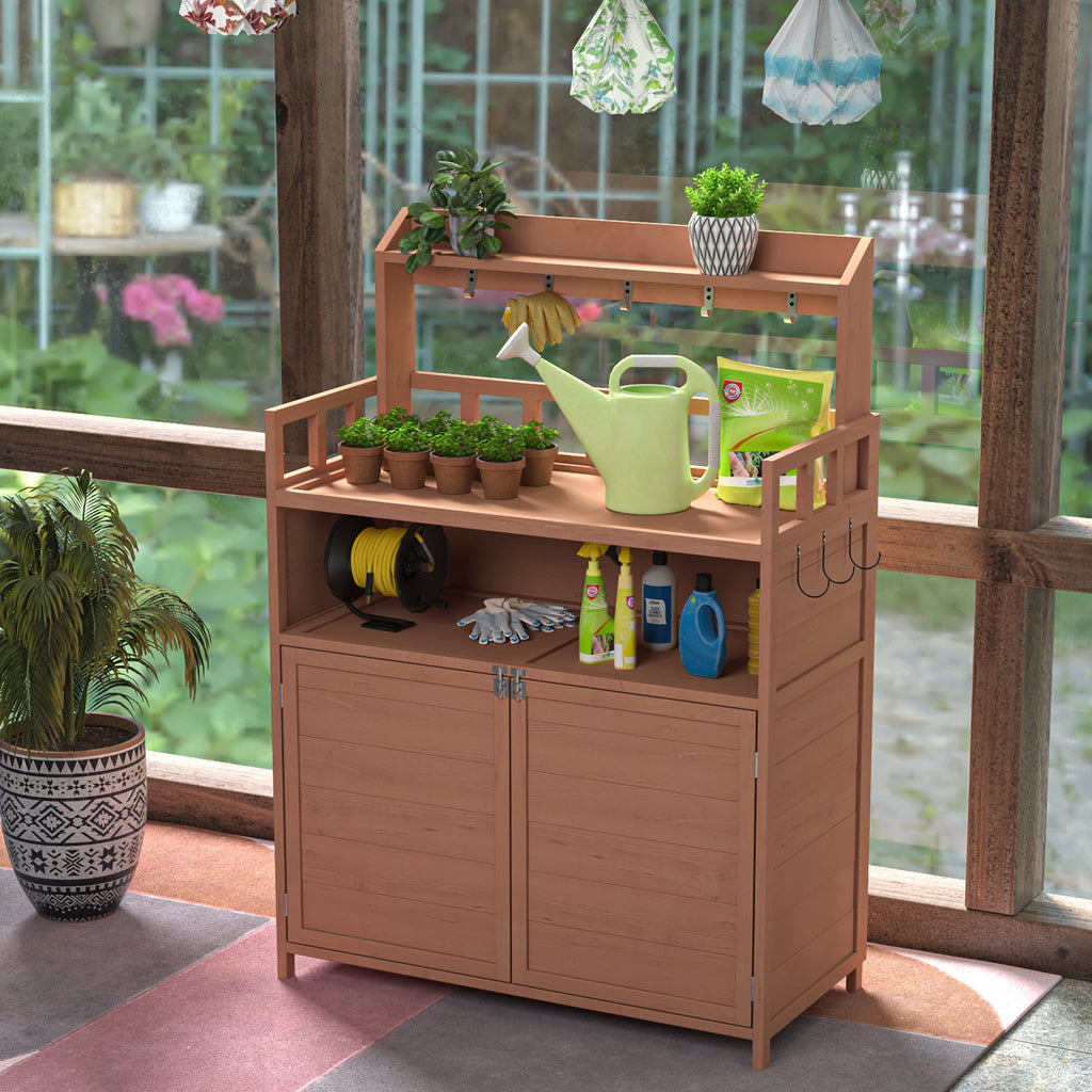 Fir Wood Potting Bench Outdoor Gardening Table with Storage Cabinet – Natural