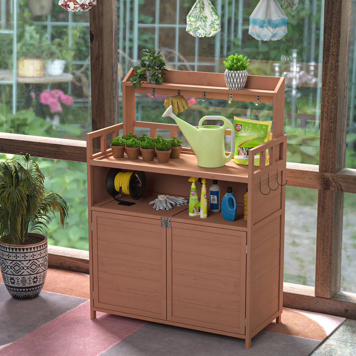 Fir Wood Potting Bench Outdoor Gardening Table with Storage Cabinet – Natural